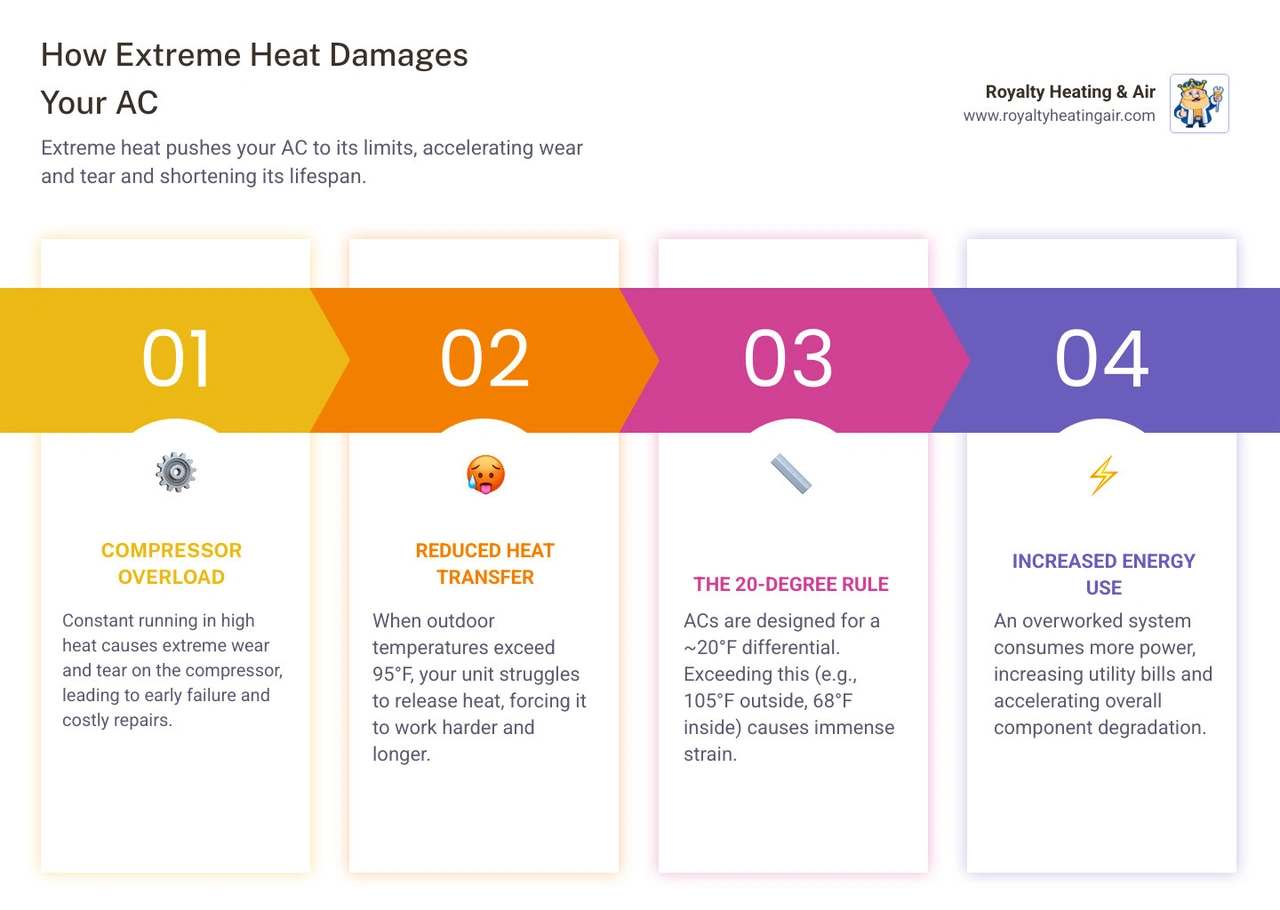 Infographic showing how extreme heat impacts AC components and top tips to extend system lifespan - how to extend the life Infographic showing how extreme heat impacts AC components and top tips to extend system lifespan - how to extend the life