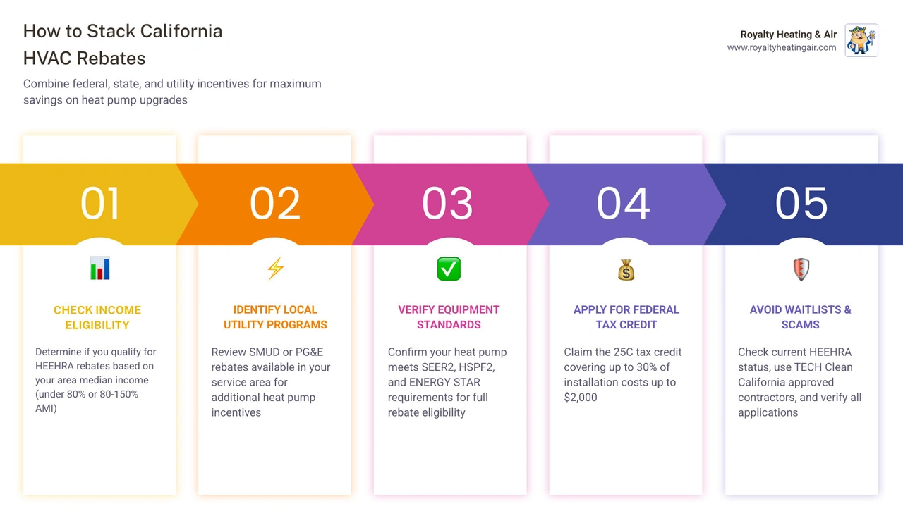 Infographic showing how to stack California HVAC rebates including HEEHRA, utility programs, and federal 25C tax credit