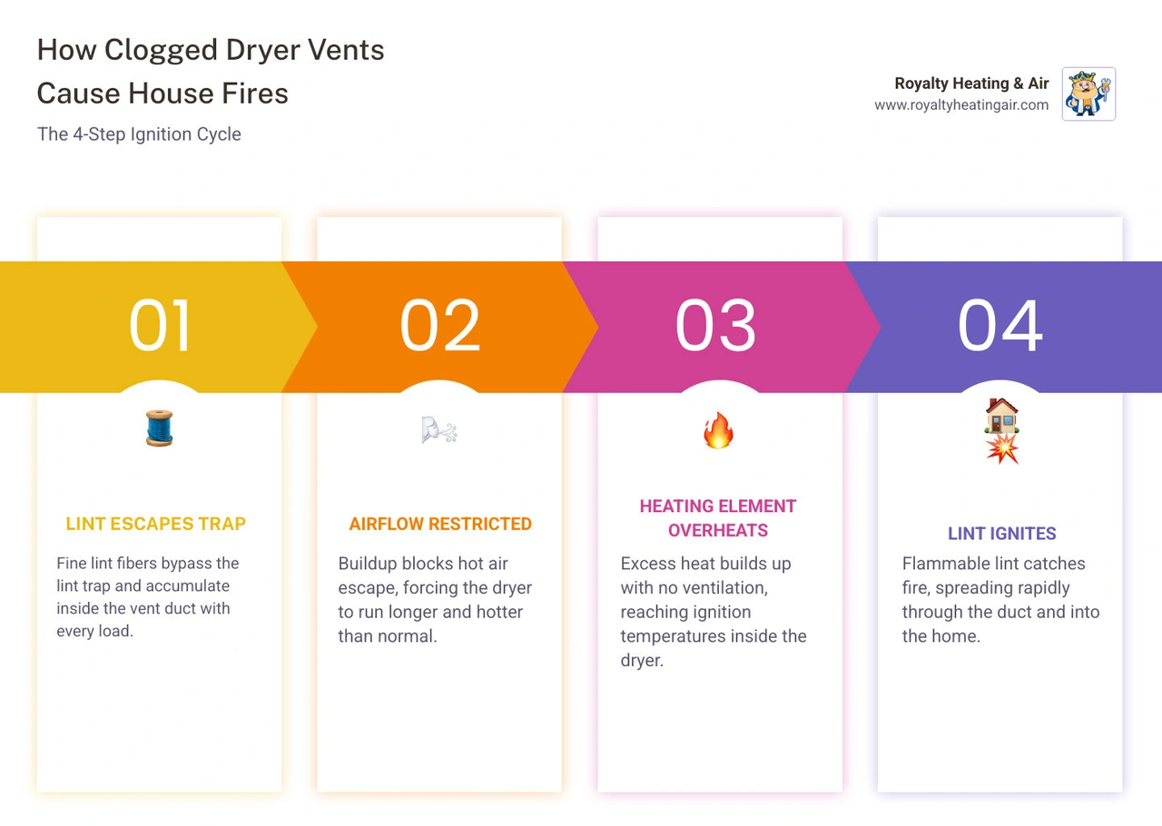 Infographic showing the dryer fire ignition cycle from lint buildup to house fire infographic