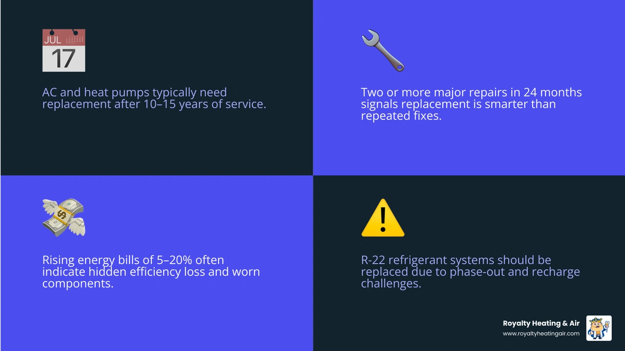Infographic showing HVAC repair vs replace warning signs including age, repair frequency, energy bills, and safety red flags