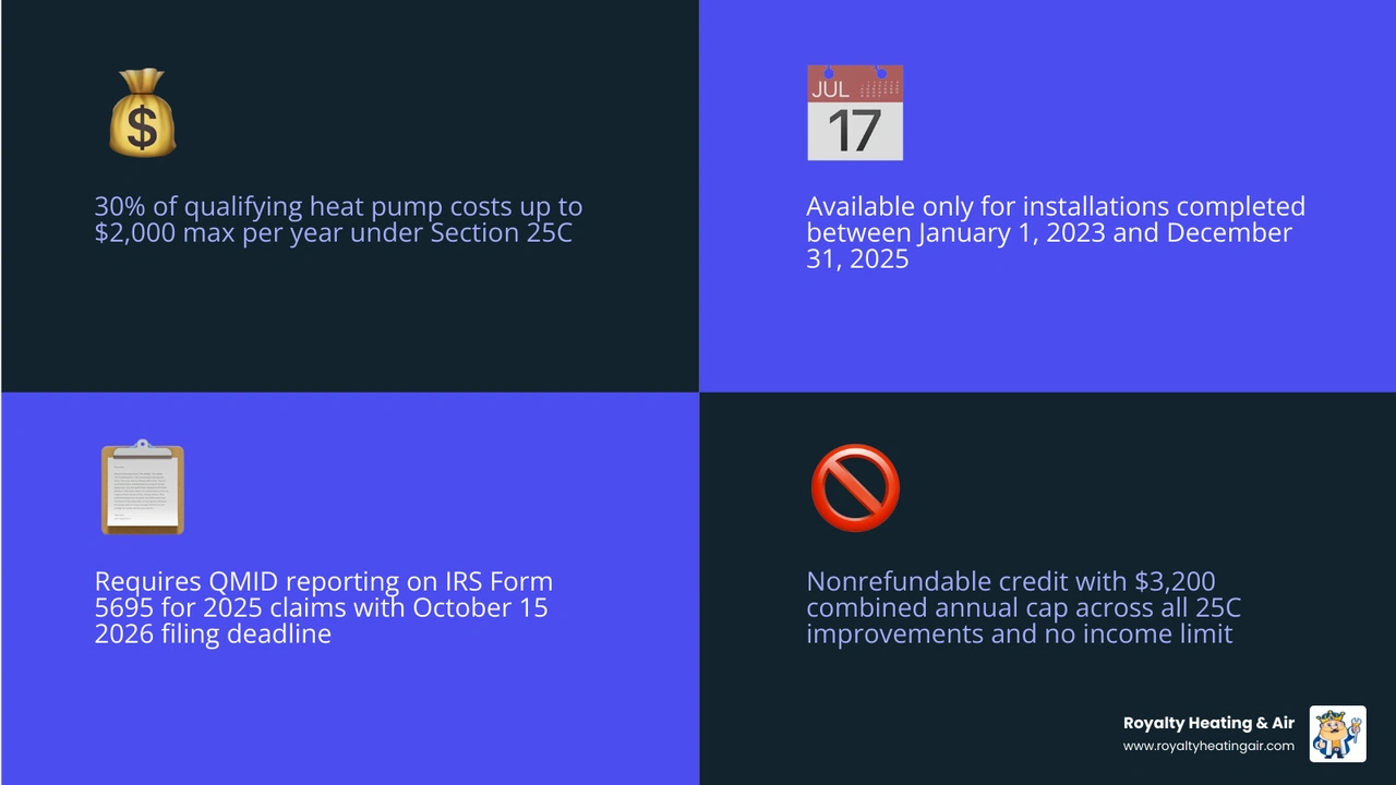Infographic showing Section 25C heat pump tax credit: 30% of costs up to $2,000 cap, qualifying period 2023-2025, Form 5695 Infographic showing Section 25C heat pump tax credit: 30% of costs up to $2,000 cap, qualifying period 2023-2025, Form 5695