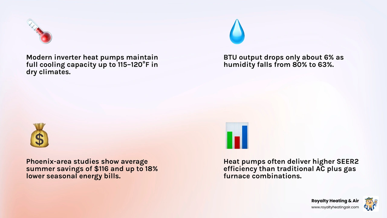 Infographic showing how heat pumps transfer heat in summer cooling mode and winter heating mode in a hot dry climate Infographic showing how heat pumps transfer heat in summer cooling mode and winter heating mode in a hot dry climate