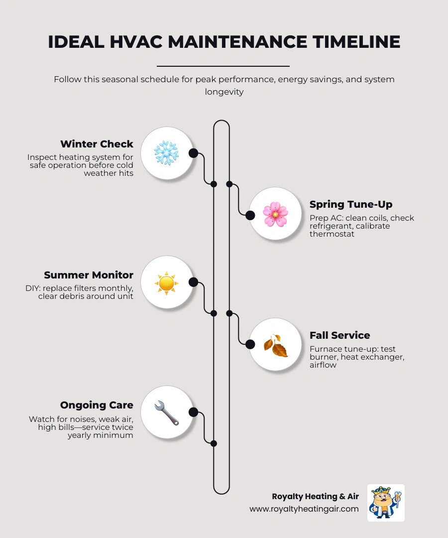 Infographic showing ideal HVAC maintenance schedule by season and system type for 2026 - how often should you service your