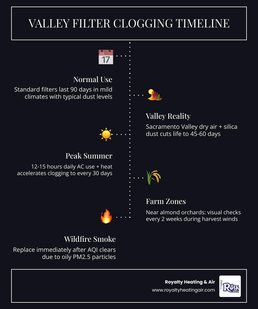 Infographic showing how Sacramento Valley dry climate accelerates HVAC filter clogging compared to standard 90-day