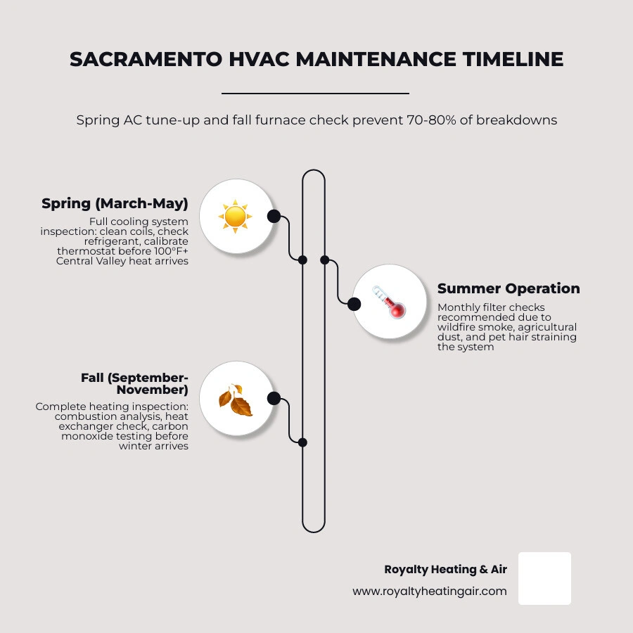 Seasonal HVAC maintenance timeline for Sacramento area homes showing spring AC tune-up and fall furnace check infographic Seasonal HVAC maintenance timeline for Sacramento area homes showing spring AC tune-up and fall furnace check infographic