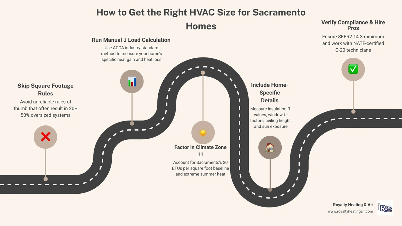 Infographic showing steps to size an HVAC system for Sacramento homes including Manual J calculation, BTU per square foot Infographic showing steps to size an HVAC system for Sacramento homes including Manual J calculation, BTU per square foot