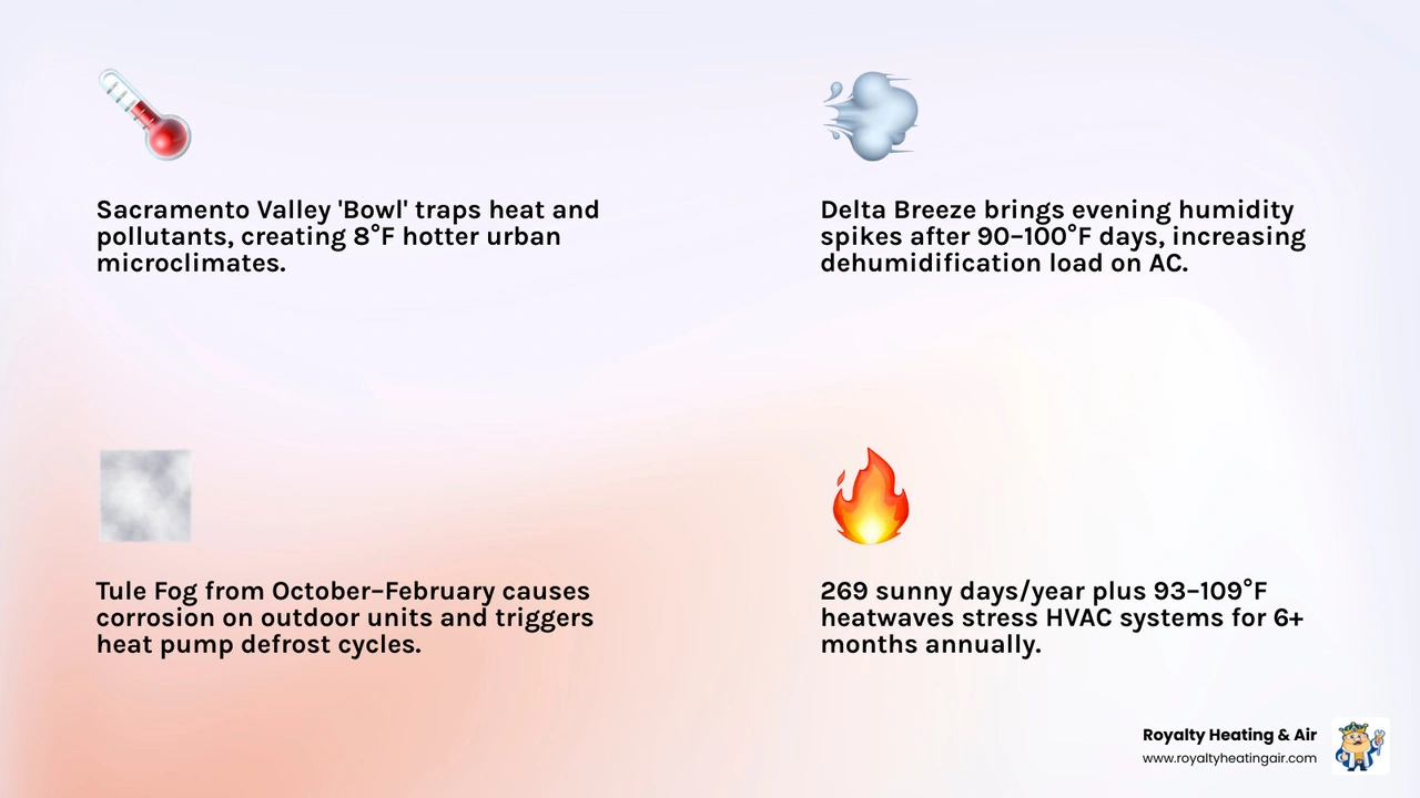 Infographic showing the Sacramento Valley bowl effect, heat retention, Delta Breeze, Tule Fog, and seasonal HVAC stress Infographic showing the Sacramento Valley bowl effect, heat retention, Delta Breeze, Tule Fog, and seasonal HVAC stress