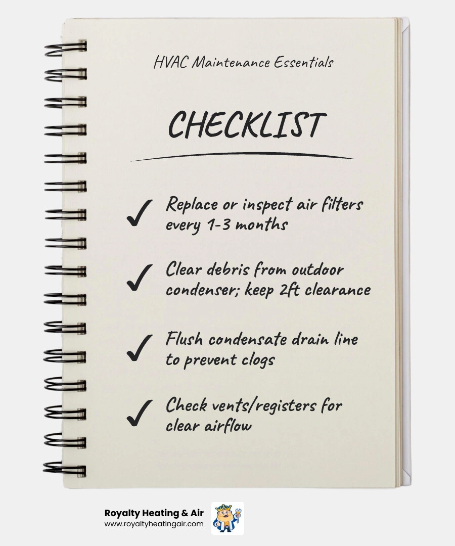 Infographic showing 7 key HVAC maintenance steps for homeowners including filter changes, coil cleaning, and seasonal Infographic showing 7 key HVAC maintenance steps for homeowners including filter changes, coil cleaning, and seasonal