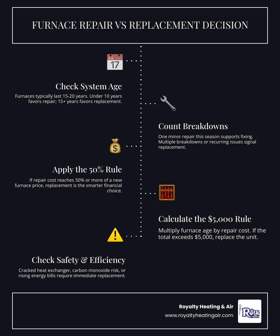 Furnace repair vs replacement decision matrix infographic showing age, cost rules, and warning signs infographic Furnace repair vs replacement decision matrix infographic showing age, cost rules, and warning signs infographic