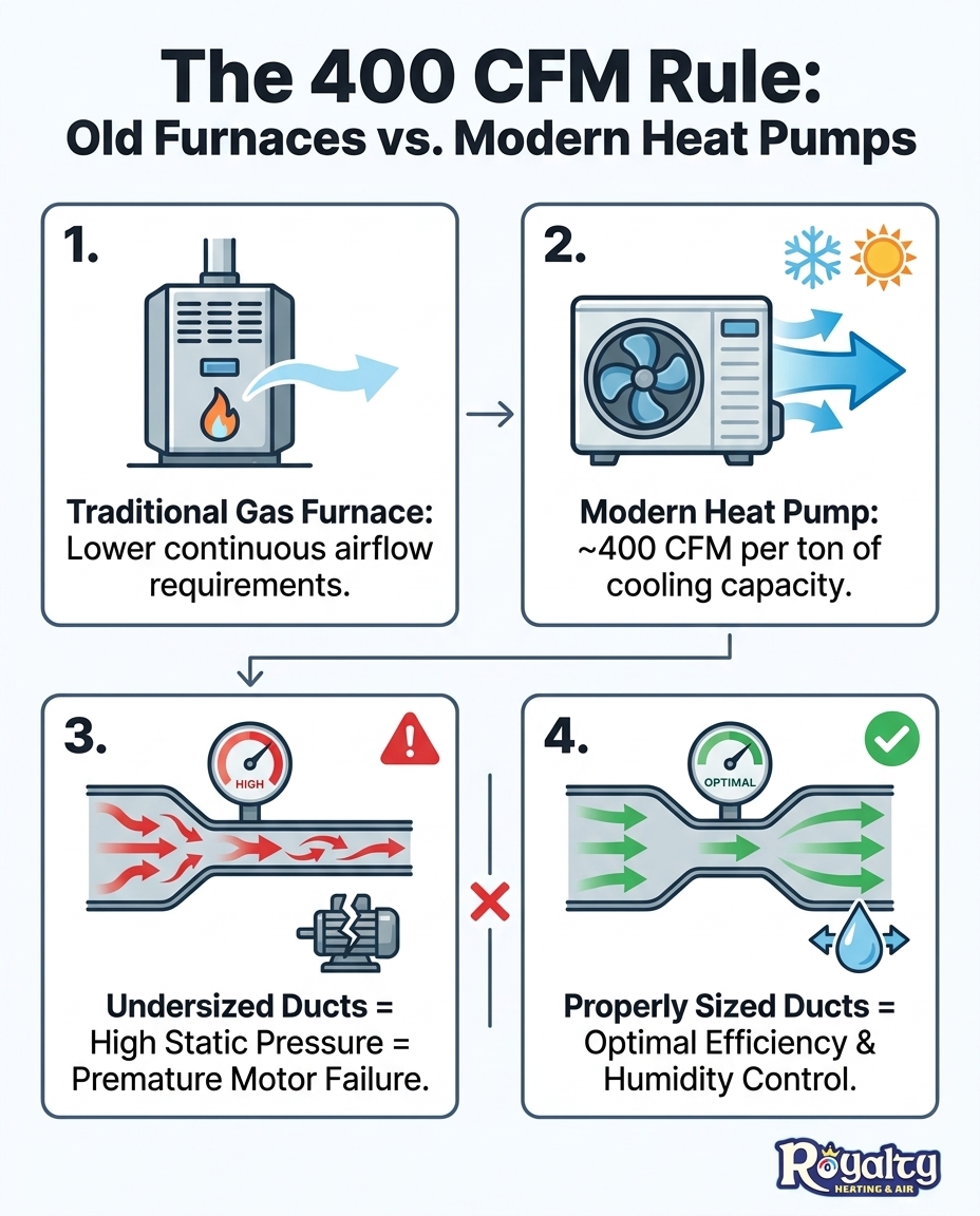 The 400 CFM Rule: Old Furnaces vs. Modern Heat Pumps