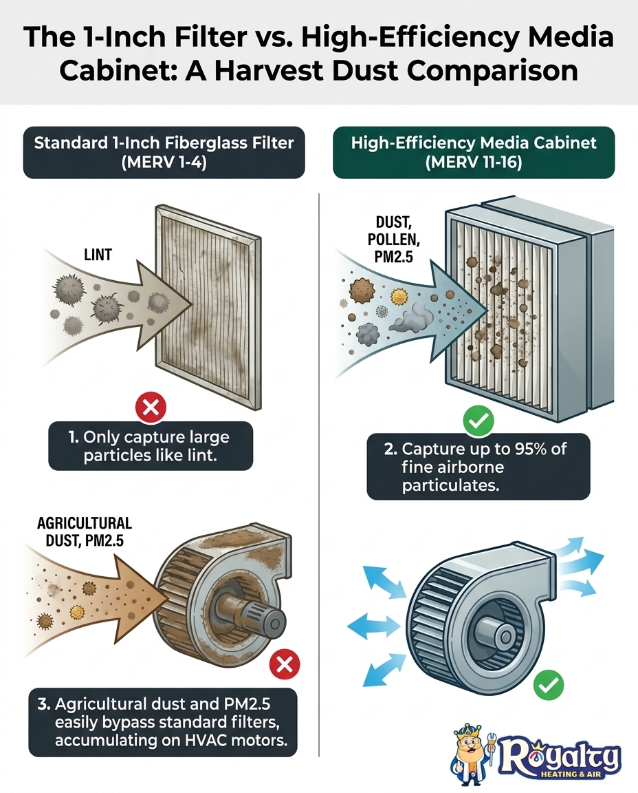 The 1-Inch Filter vs. High-Efficiency Media Cabinet: A Harvest Dust Comparison