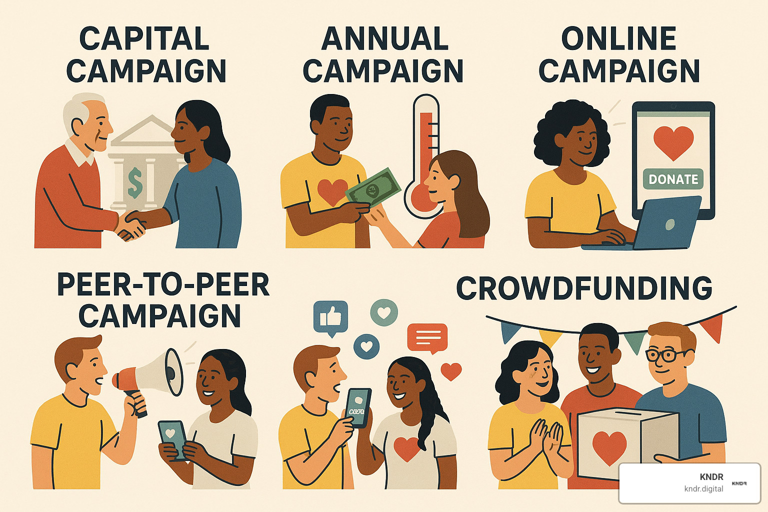 Different types of fundraising campaigns showing various donor engagement strategies - fundraising campaign management