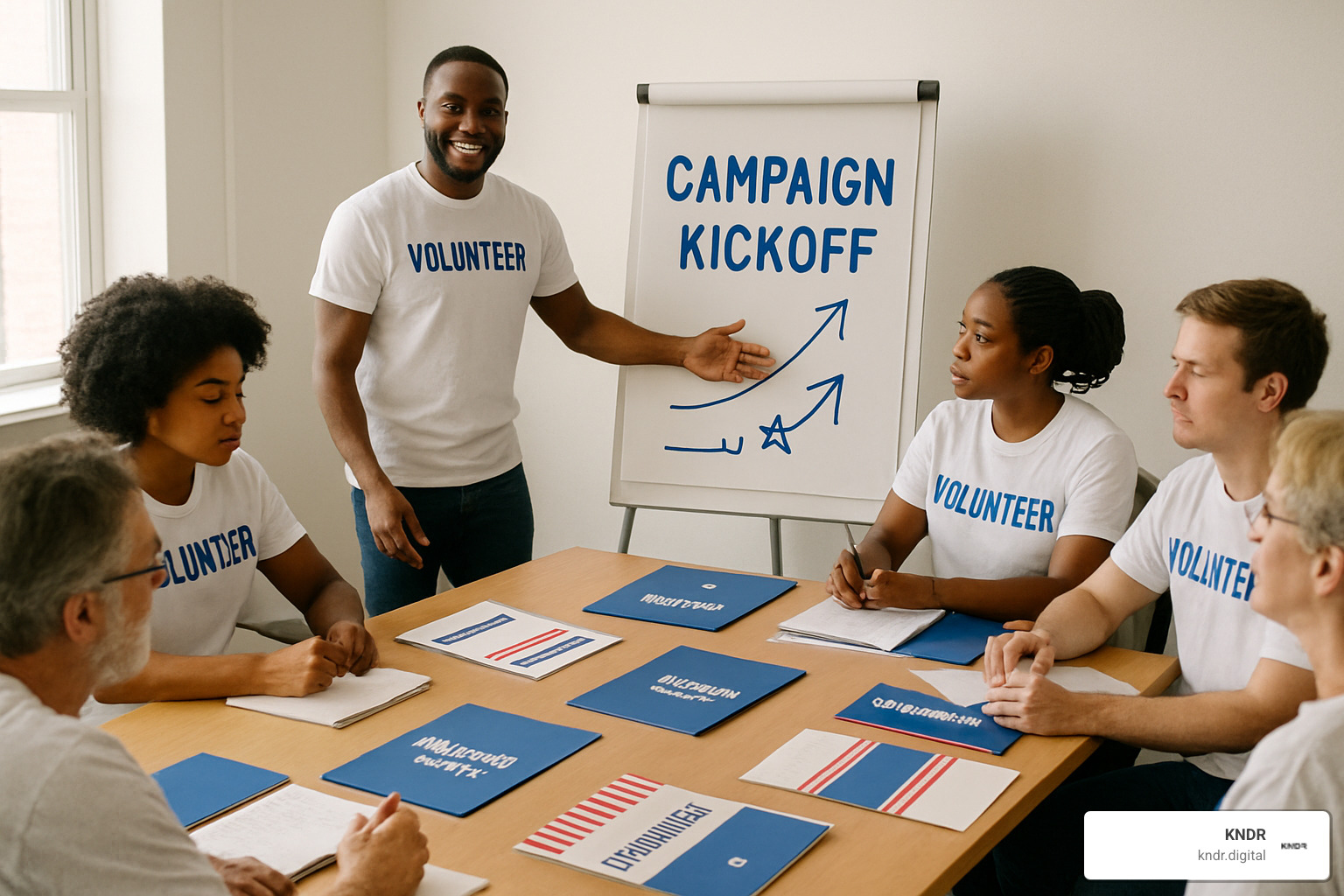 Volunteer kickoff meeting for campaign with training materials and toolkits - fundraising campaign management