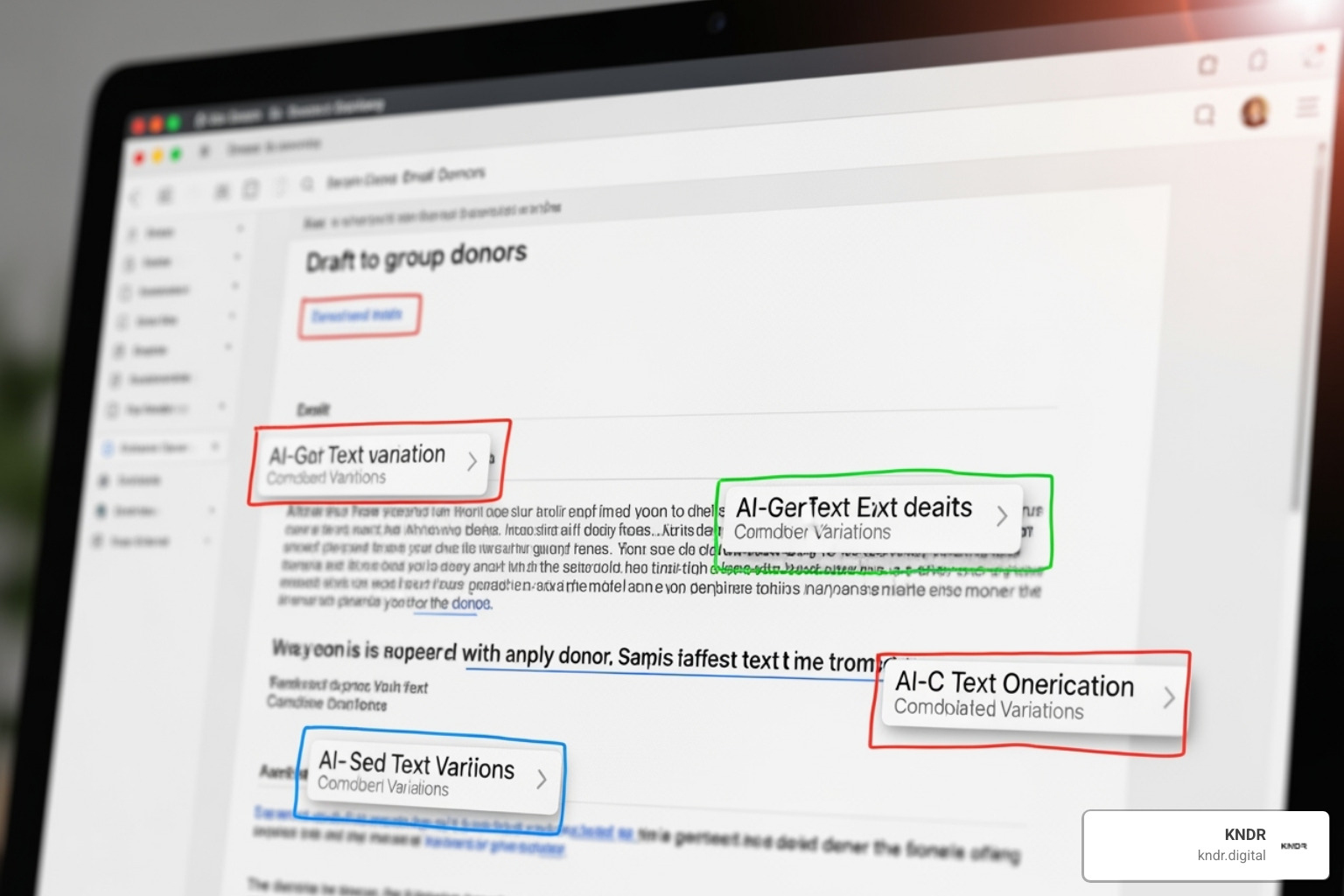 A personalized email draft on a screen with AI-suggested text variations for different donor segments. - AI nonprofit fundraising