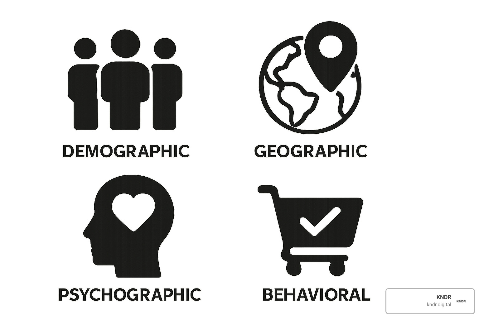 four icons representing demographic, geographic, psychographic, and behavioral data types - donor segmentation strategies