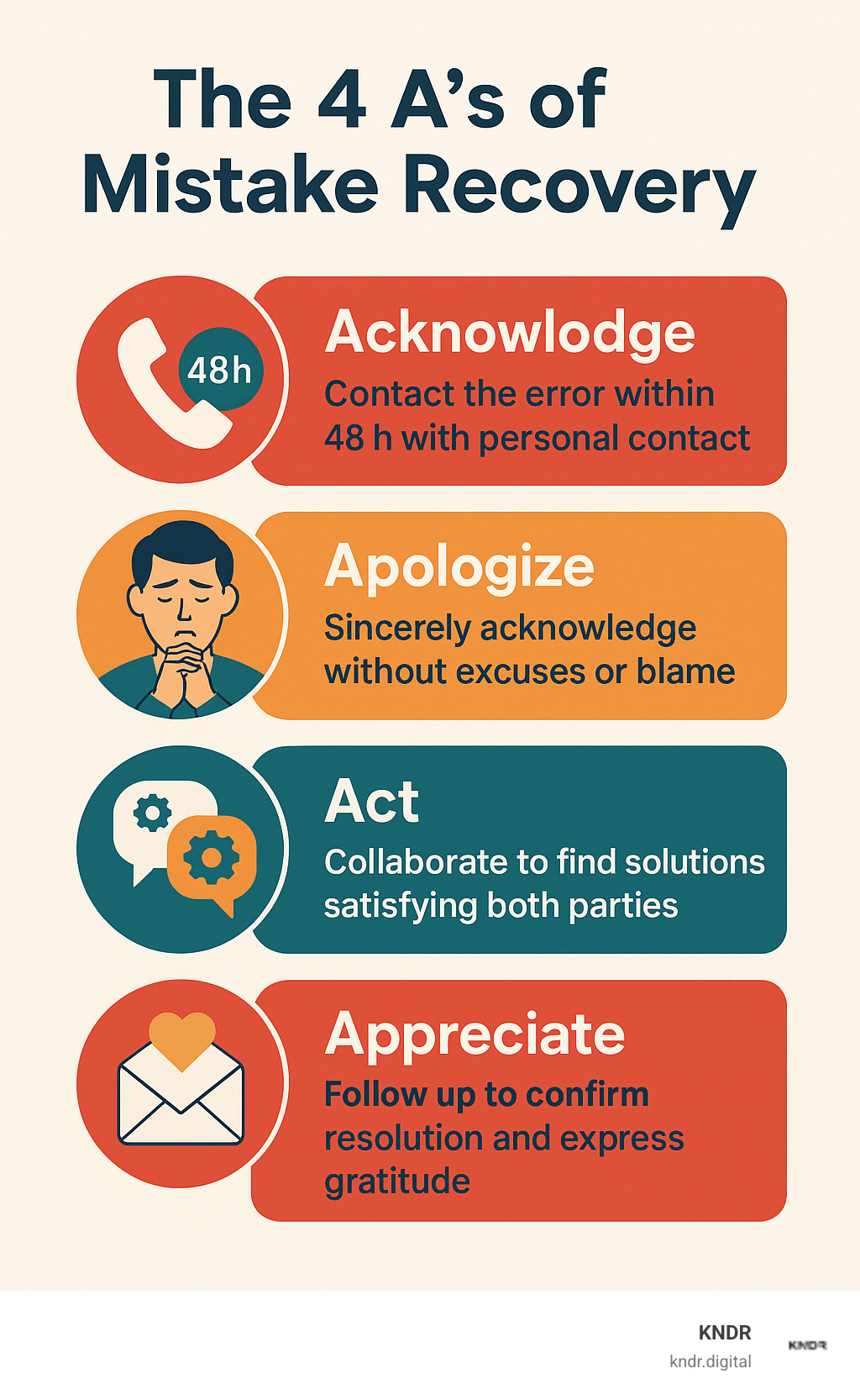 Infographic showing the 4 A's of Mistake Recovery: Acknowledge the error within 48 hours with personal contact, Apologize sincerely without excuses or blame, Act collaboratively to find solutions that satisfy both parties, and Appreciate donors by following up to confirm resolution and express gratitude - how to engage with donors after mistake in nonprofit infographic 