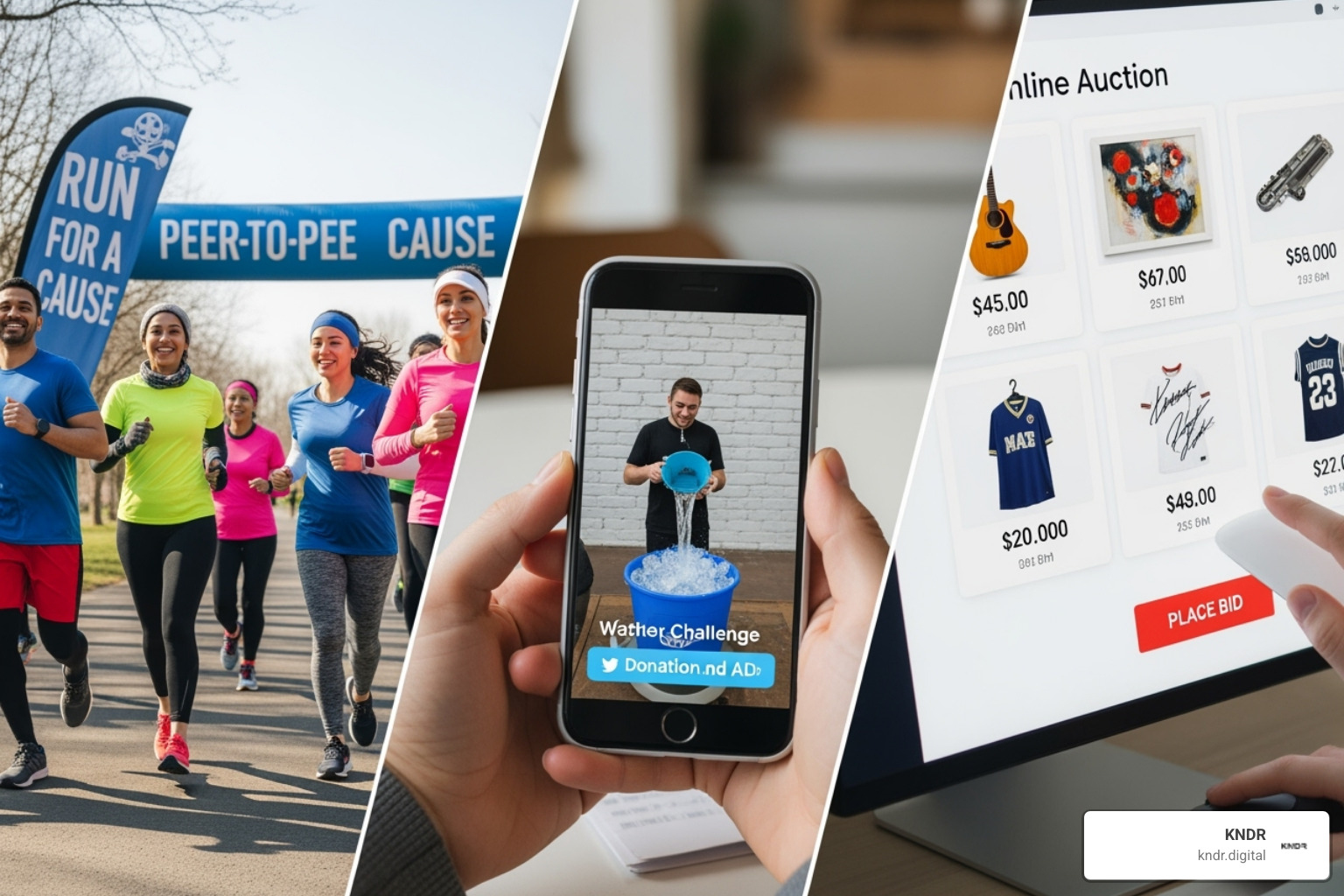 Collage of diverse online fundraising campaigns: a peer-to-peer run, a social media challenge, and an online auction. - online fundraising optimization