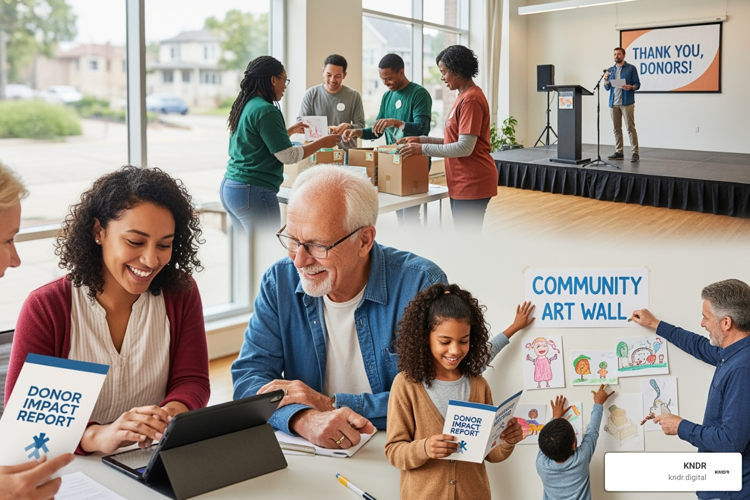 A clean, modern analytics dashboard showing various donor engagement metrics like retention rates, lifetime value, and communication effectiveness - nonprofit donor engagement strategies