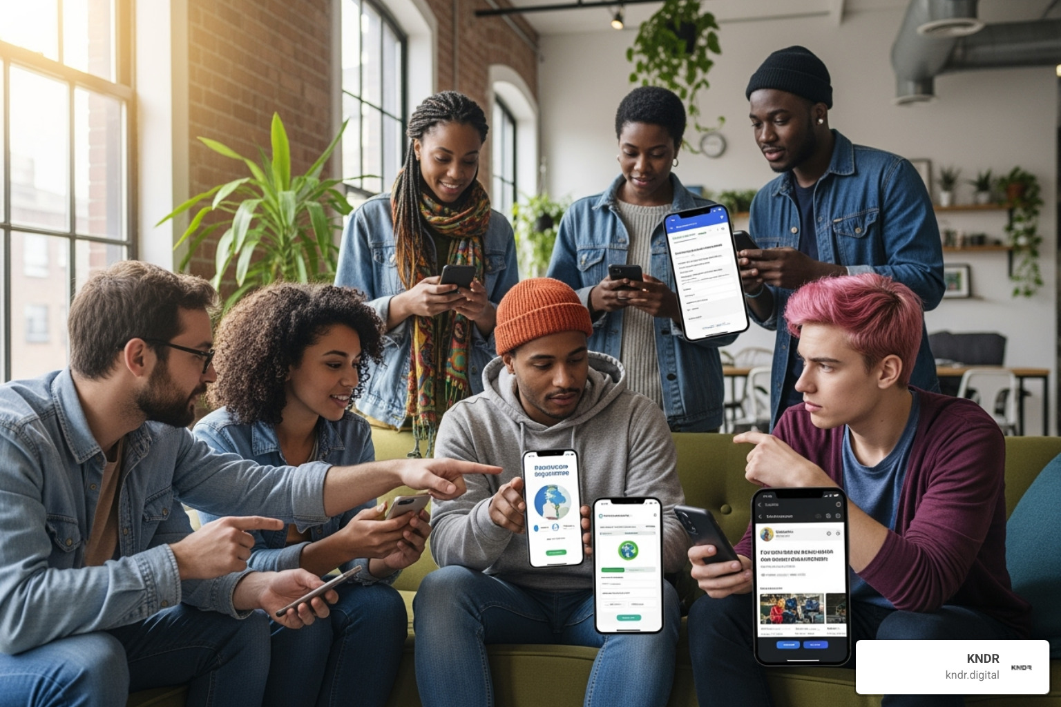 A diverse group of young people engaging with a cause on their smartphones, illustrating the influence of Gen Z and Millennials on social media giving trends. - nonprofit fundraising trends 2024 A diverse group of young people engaging with a cause on their smartphones, illustrating the influence of Gen Z and Millennials on social media giving trends. - nonprofit fundraising trends 2024