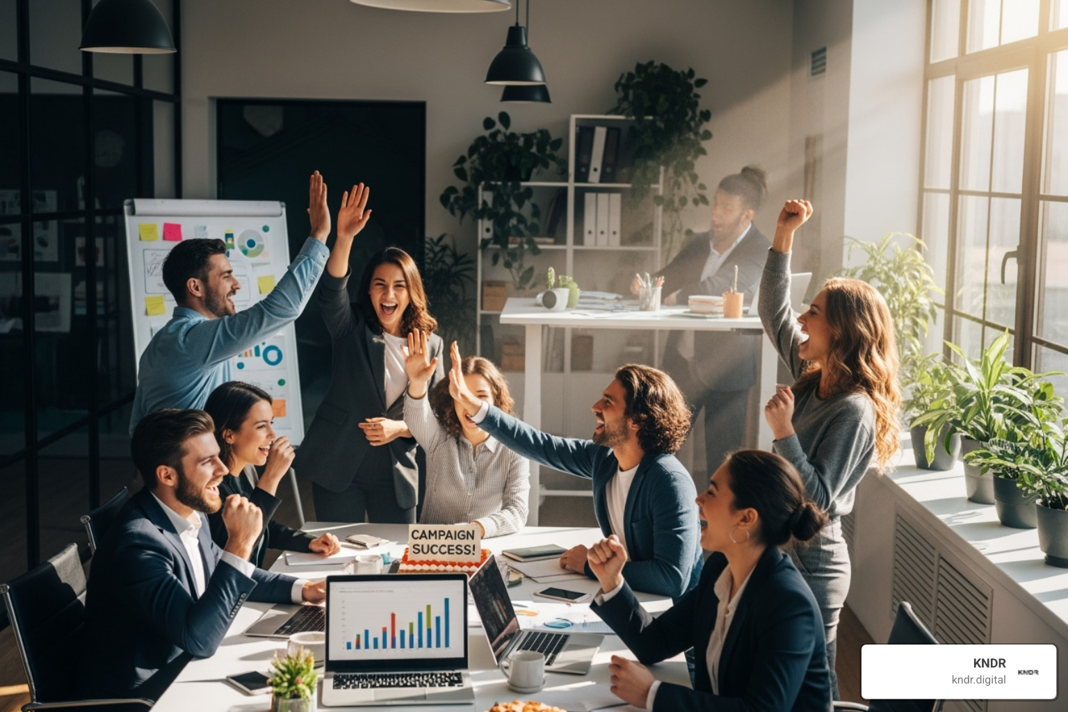 Small, energetic nonprofit team celebrating a successful campaign in a bright office space \u007F- nonprofit content strategy Small, energetic nonprofit team celebrating a successful campaign in a bright office space \u007F- nonprofit content strategy