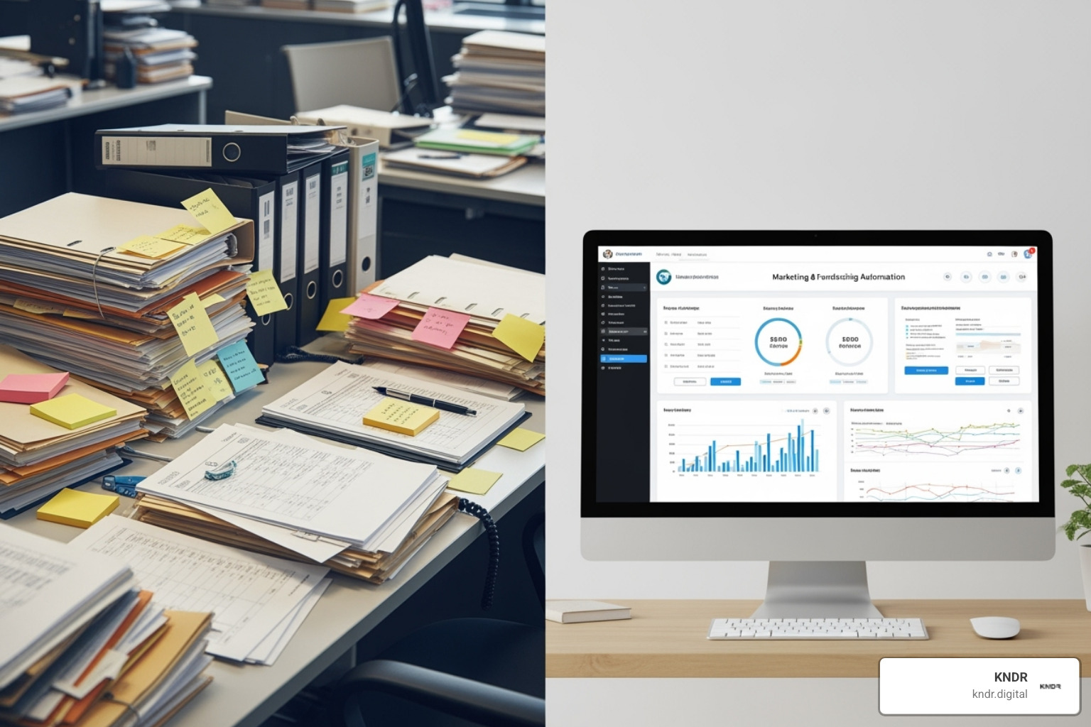 contrasting a cluttered desk with manual tasks vs. a clean, automated dashboard - fundraising marketing automation