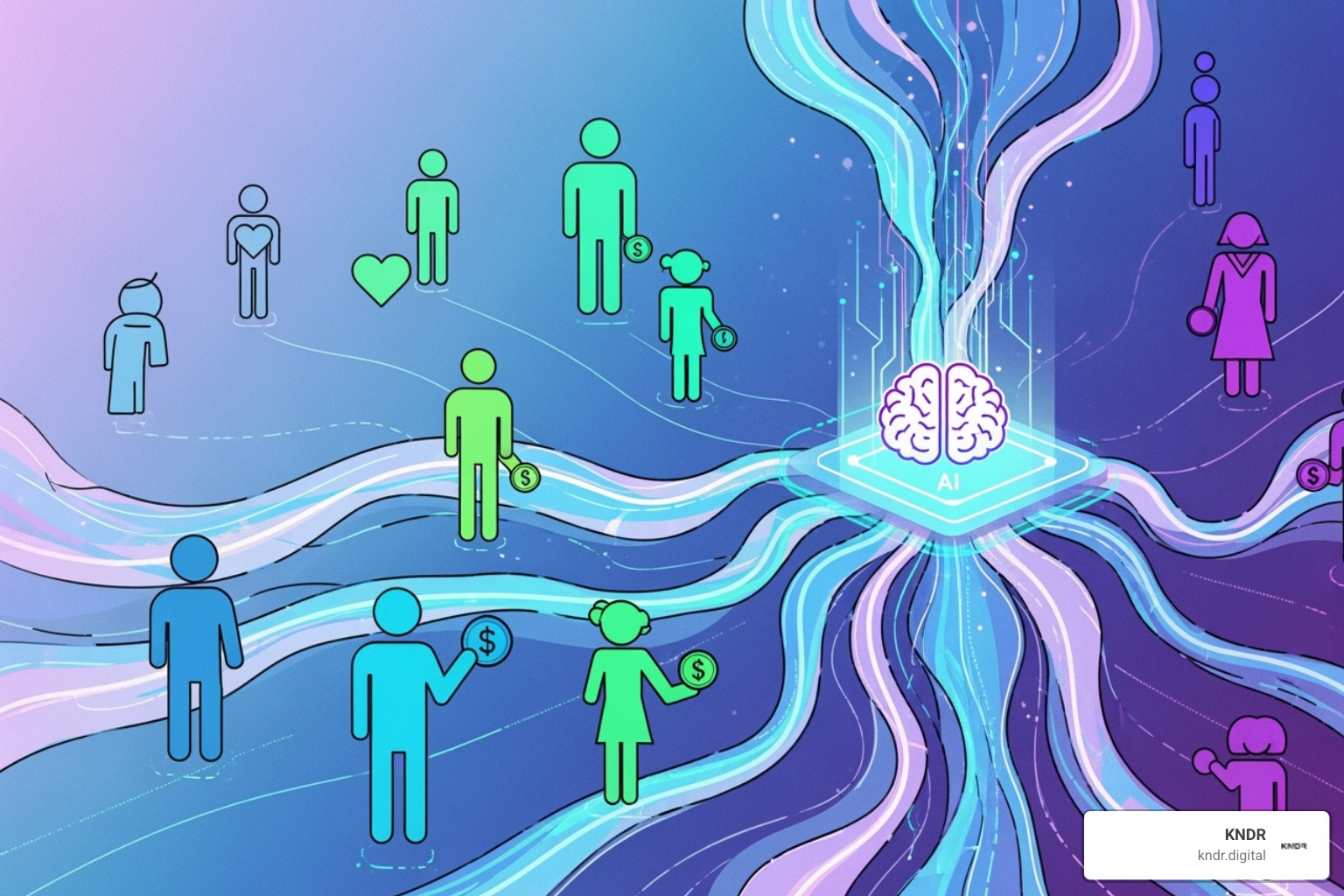 AI-powered marketing automation graphic with abstract data flows and donor icons - marketing automation for nonprofit organizations cleveland