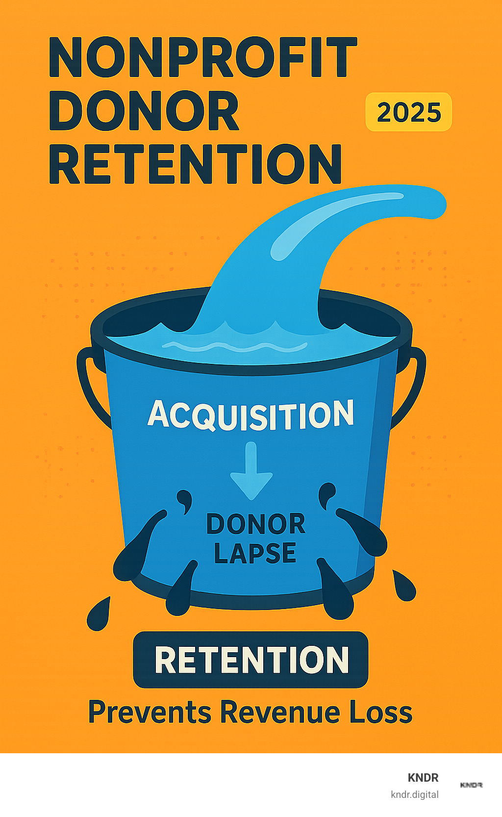 Infographic showing donor retention as plugging holes in a leaky bucket, with acquisition as water flowing in the top and donor lapse as holes in the bottom, demonstrating how retention prevents revenue loss - nonprofit donor retention infographic 