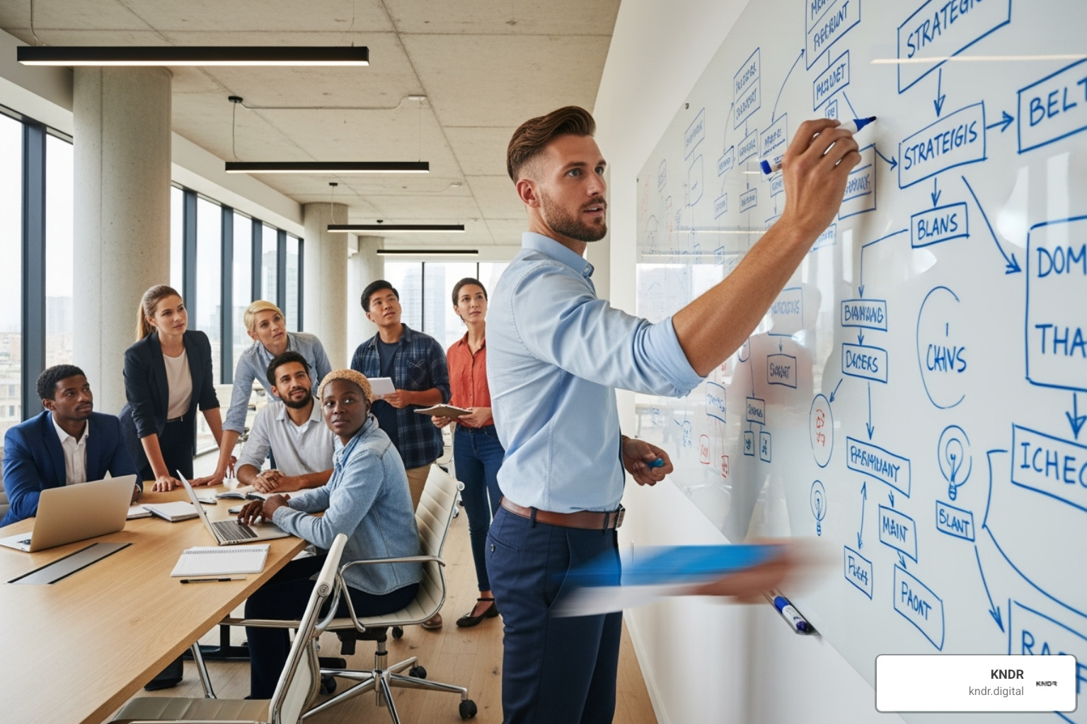 A consultant collaborating with a team around a whiteboard, sketching out strategic plans - business change consultancy A consultant collaborating with a team around a whiteboard, sketching out strategic plans - business change consultancy