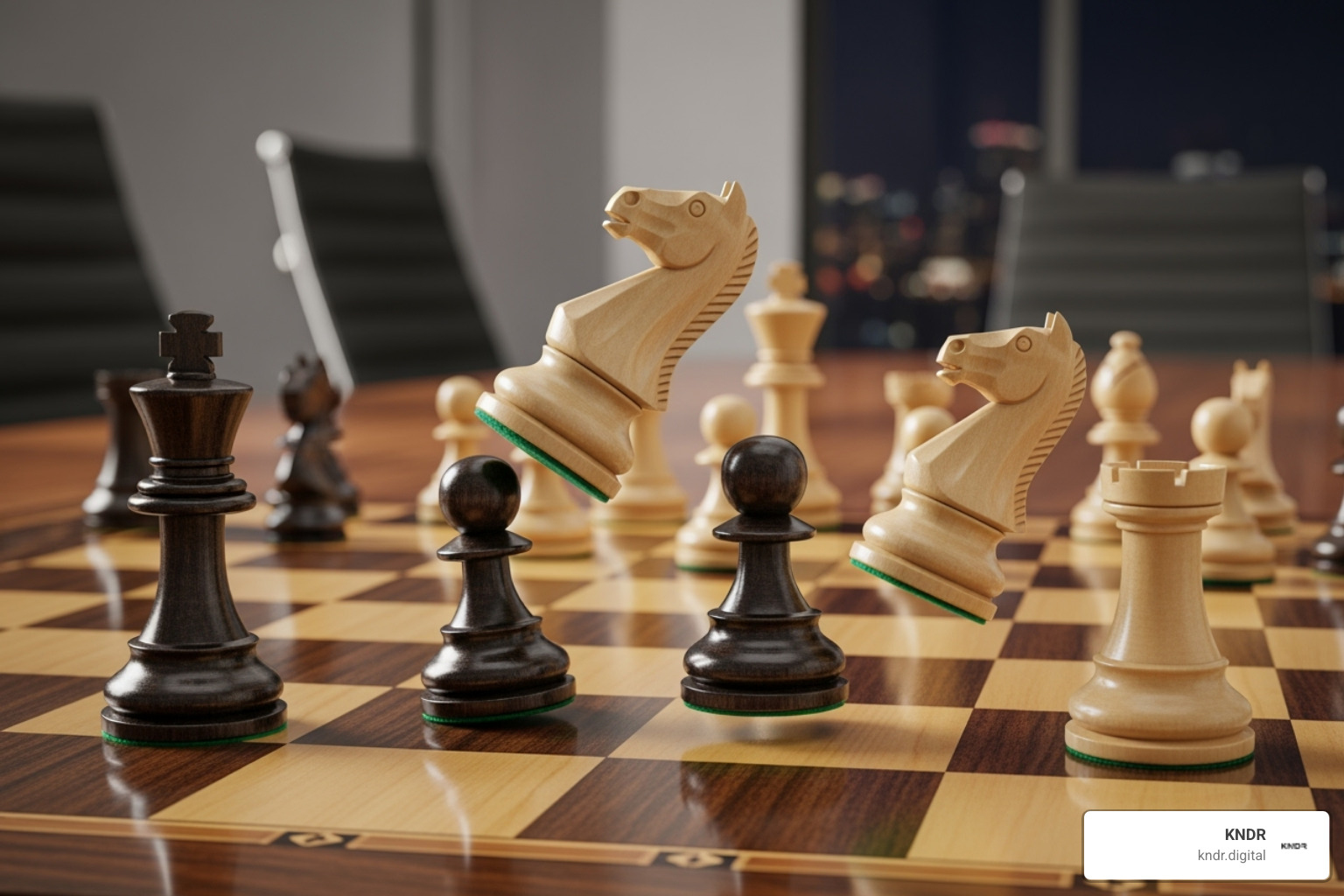 A chess board with pieces moving strategically, symbolizing business strategy - business change consultancy A chess board with pieces moving strategically, symbolizing business strategy - business change consultancy