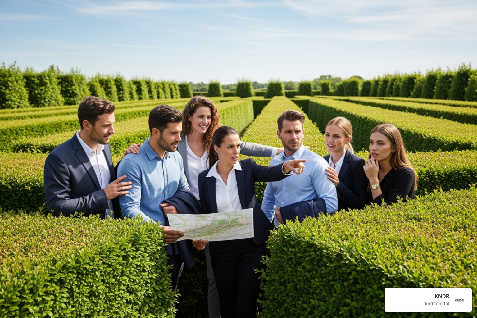 A team successfully navigating a complex maze, symbolizing overcoming challenges in business change - business change consultancy A team successfully navigating a complex maze, symbolizing overcoming challenges in business change - business change consultancy