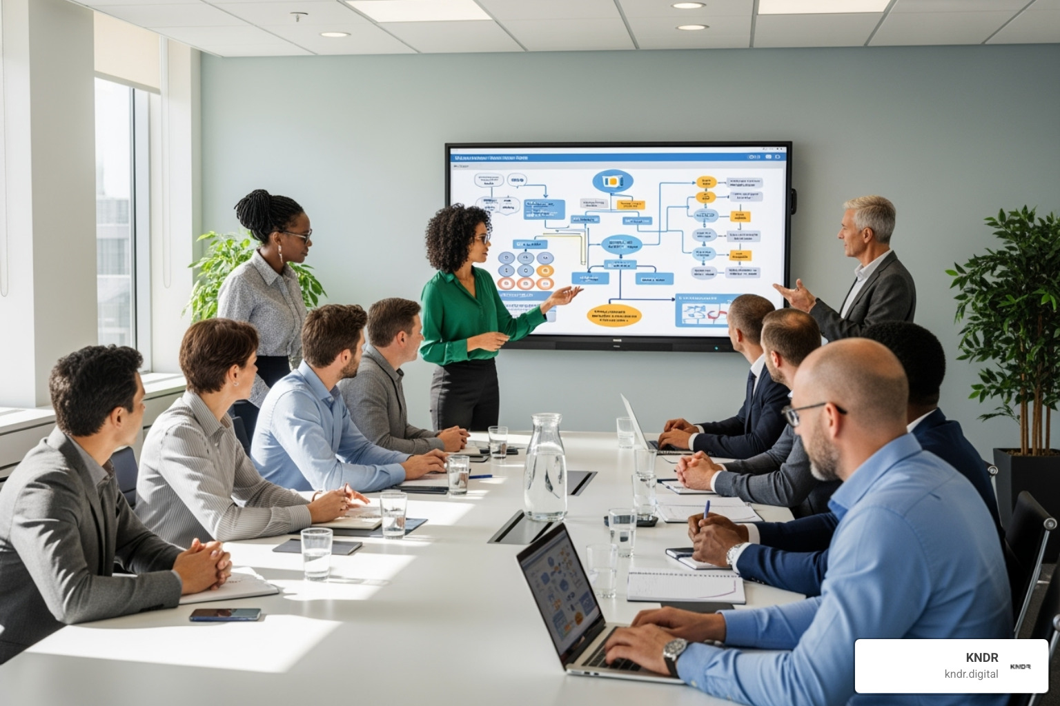 A nonprofit board meeting discussing a technology roadmap, with people looking at a screen - technology for nonprofits A nonprofit board meeting discussing a technology roadmap, with people looking at a screen - technology for nonprofits