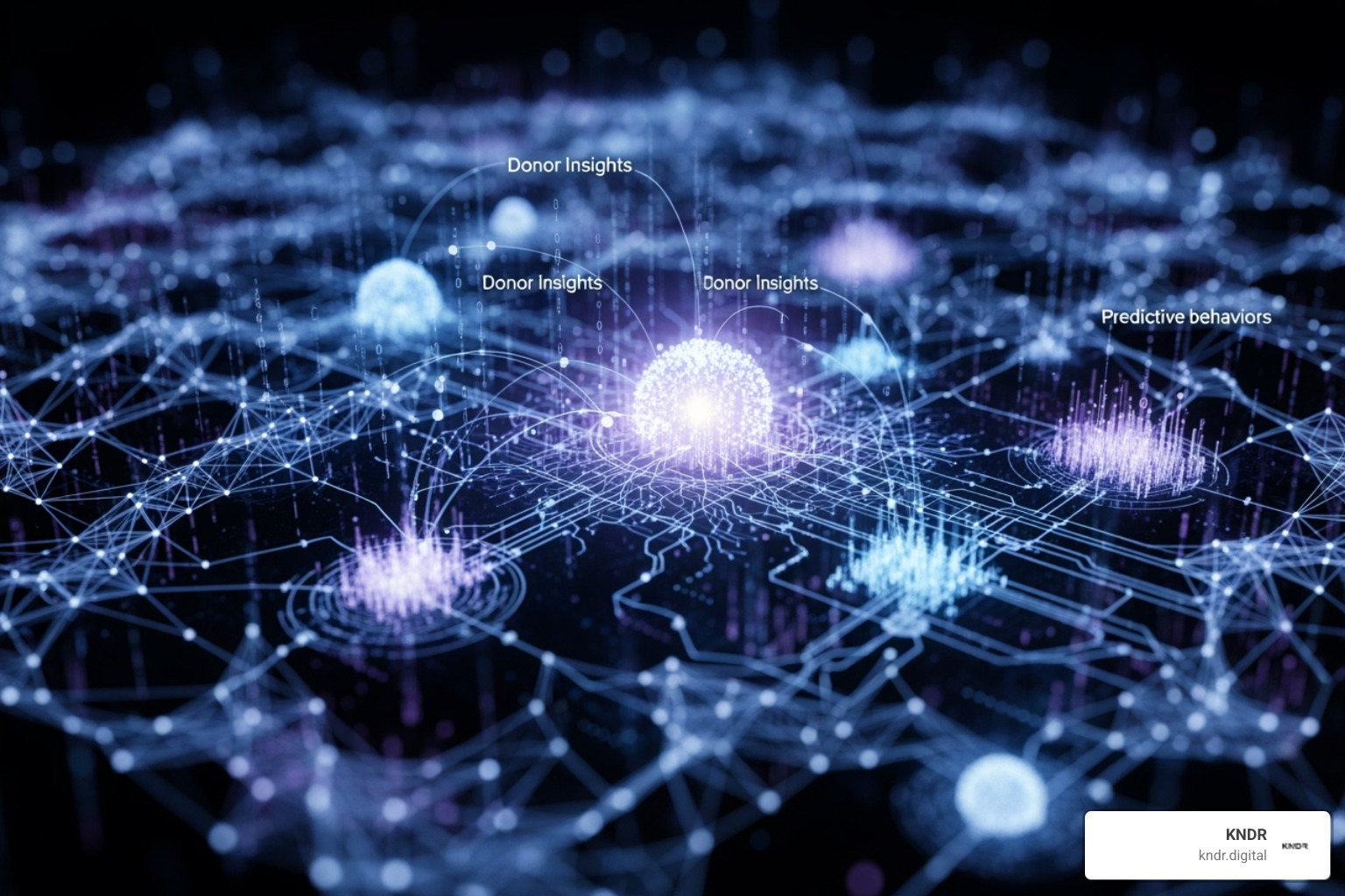 An abstract graphic representing AI analyzing vast amounts of donor data points, with neural network lines connecting various insights like giving history, engagement patterns, and predictive behaviors - donor engagement platform An abstract graphic representing AI analyzing vast amounts of donor data points, with neural network lines connecting various insights like giving history, engagement patterns, and predictive behaviors - donor engagement platform