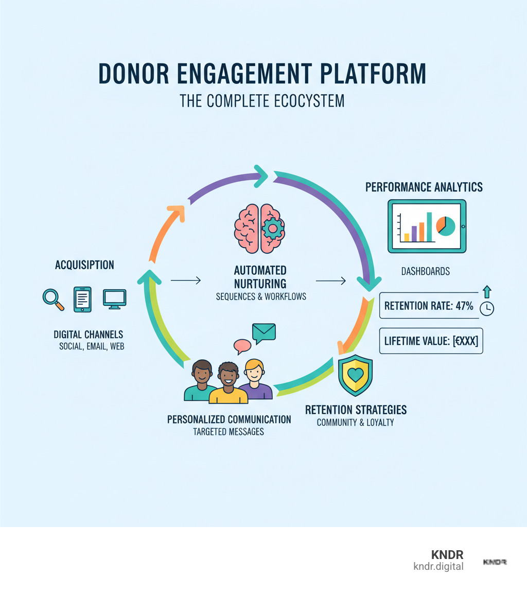 Comprehensive infographic showing the complete donor engagement platform ecosystem, including donor acquisition through digital channels, automated nurturing sequences, personalized communication workflows, retention strategies, and performance analytics dashboards with key metrics like retention rates and lifetime value calculations - donor engagement platform infographic  Comprehensive infographic showing the complete donor engagement platform ecosystem, including donor acquisition through digital channels, automated nurturing sequences, personalized communication workflows, retention strategies, and performance analytics dashboards with key metrics like retention rates and lifetime value calculations - donor engagement platform infographic