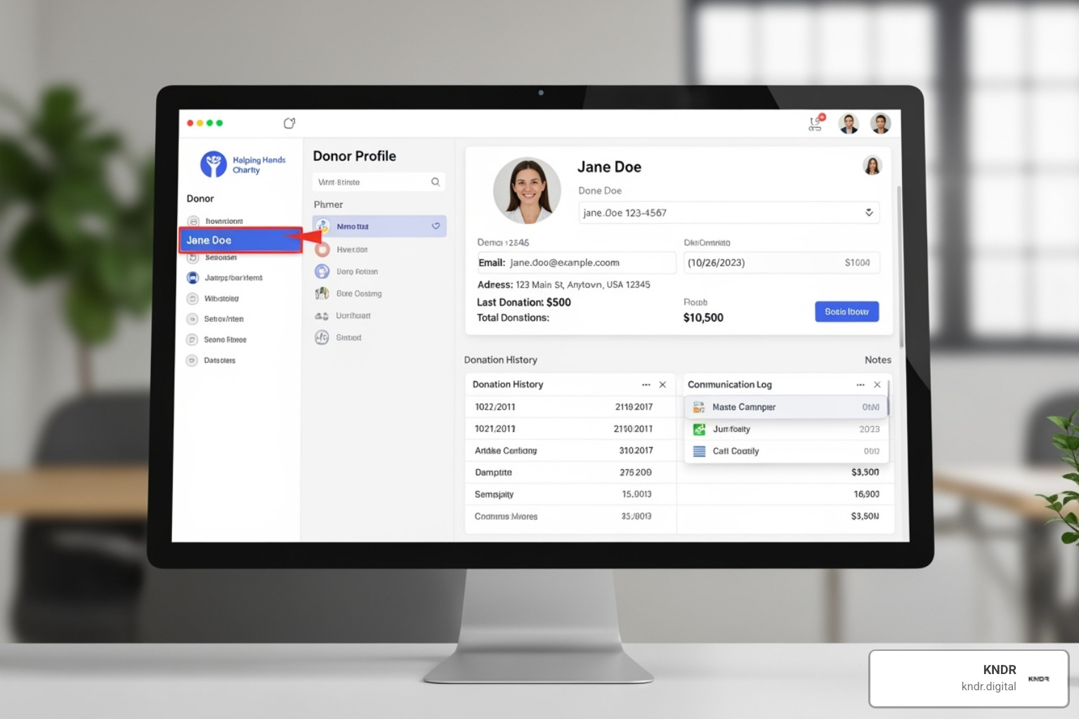 software interface highlighting a detailed donor profile - donor acquisition software