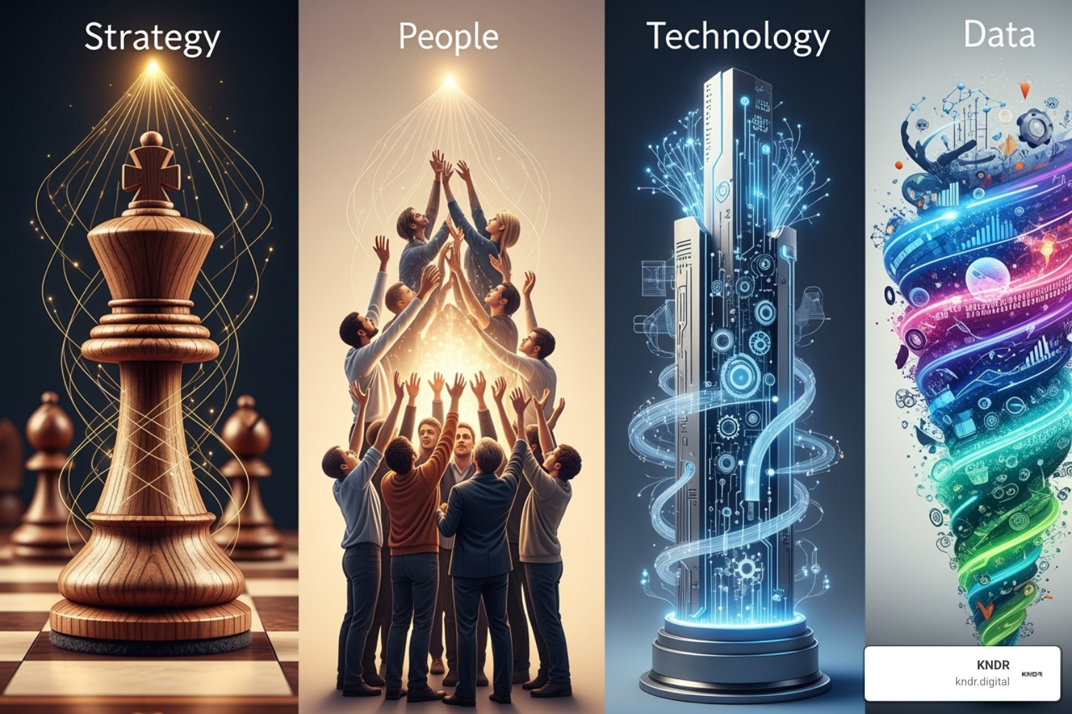 Four pillars labeled Strategy, People, Technology, and Data - Strategic digital change Four pillars labeled Strategy, People, Technology, and Data - Strategic digital change