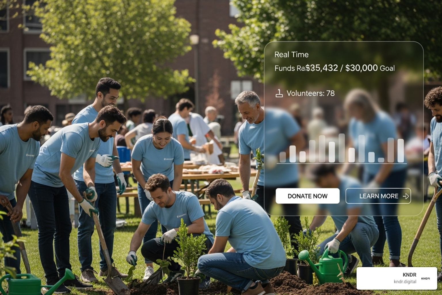 corporate team volunteering with digital giving overlay - charity donation automation corporate team volunteering with digital giving overlay - charity donation automation