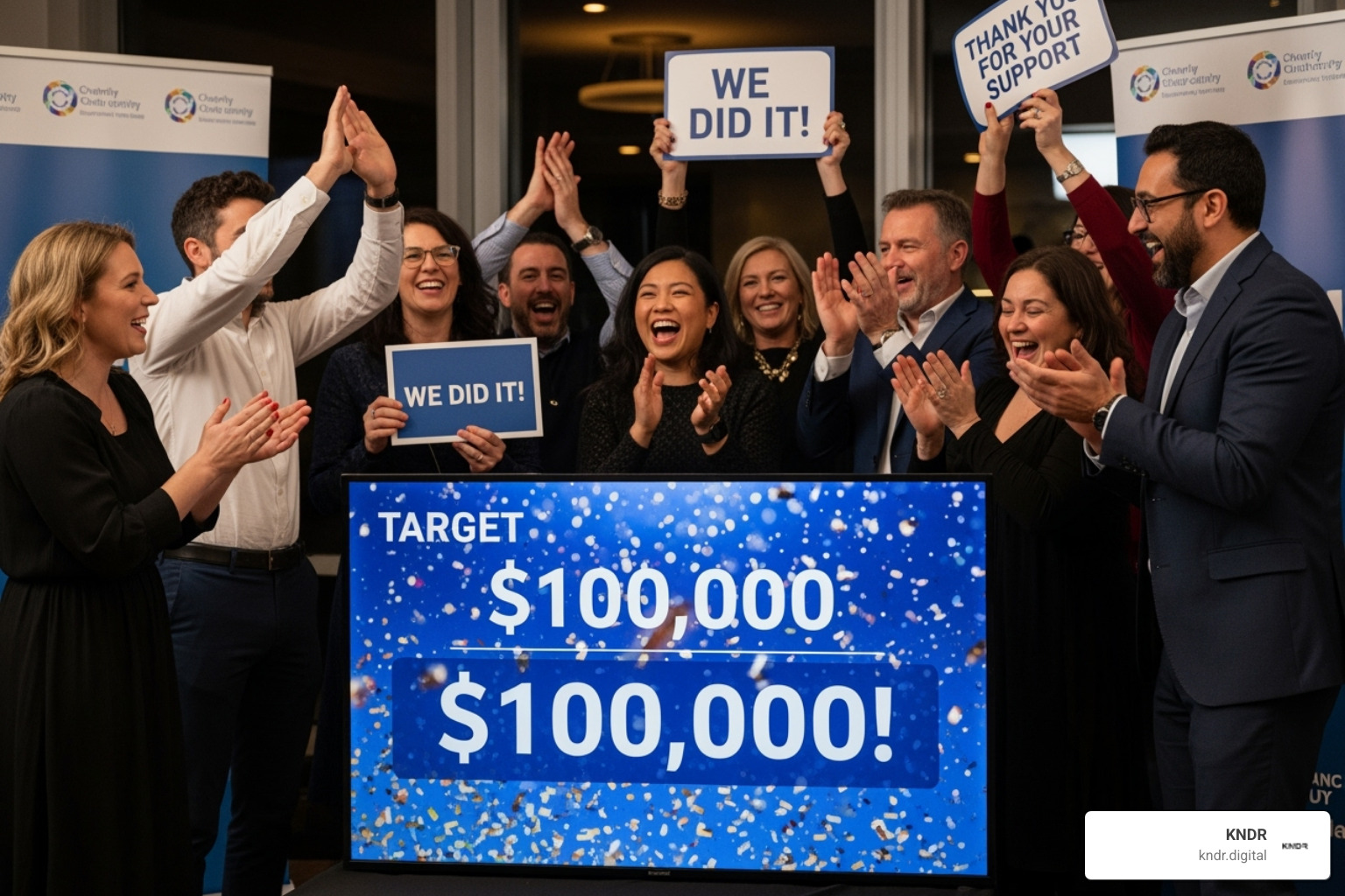 diverse group of people celebrating a fundraising goal achieved - charity donation automation diverse group of people celebrating a fundraising goal achieved - charity donation automation