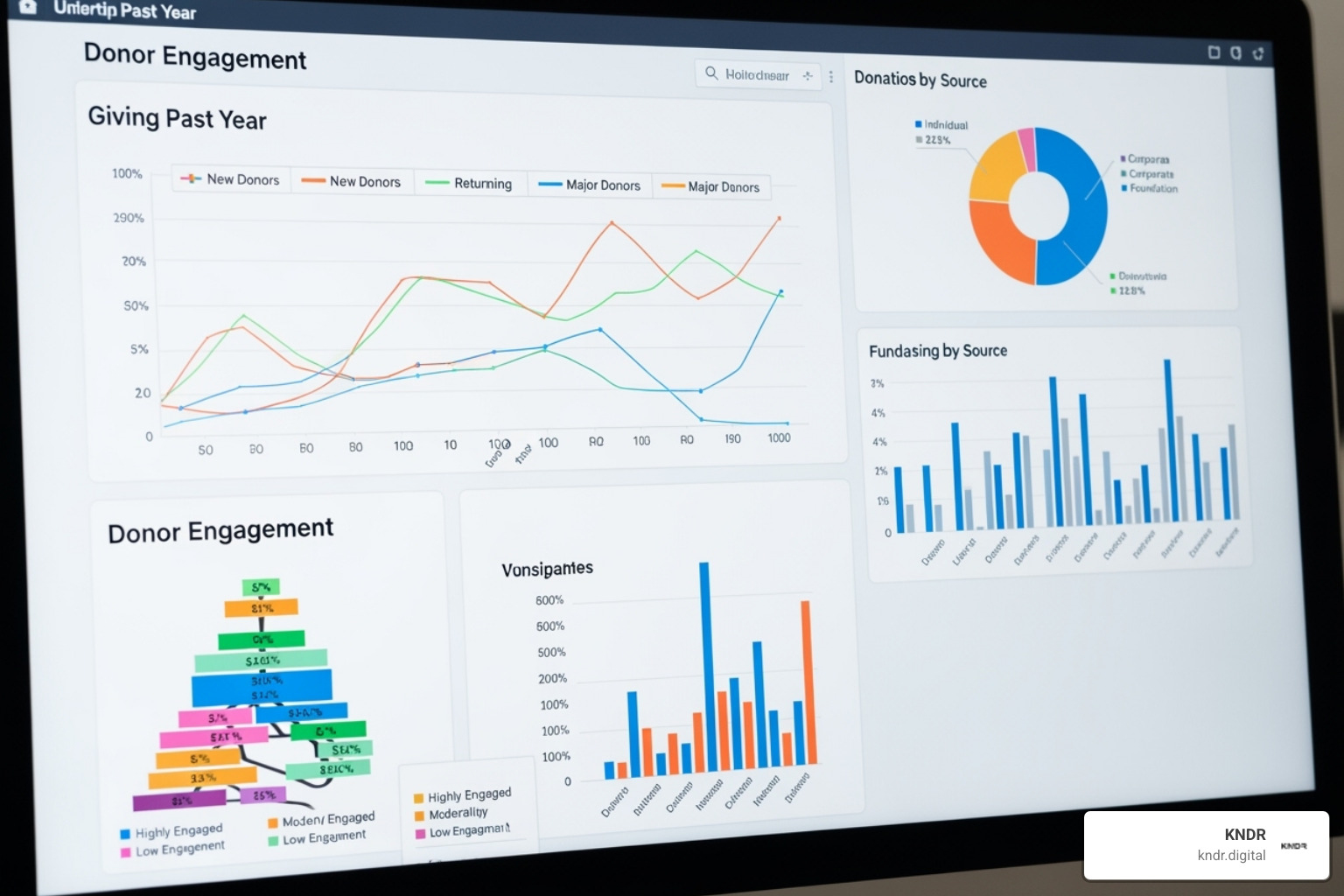 Dashboard with various data visualization charts representing donor engagement and giving trends - donor analytics software