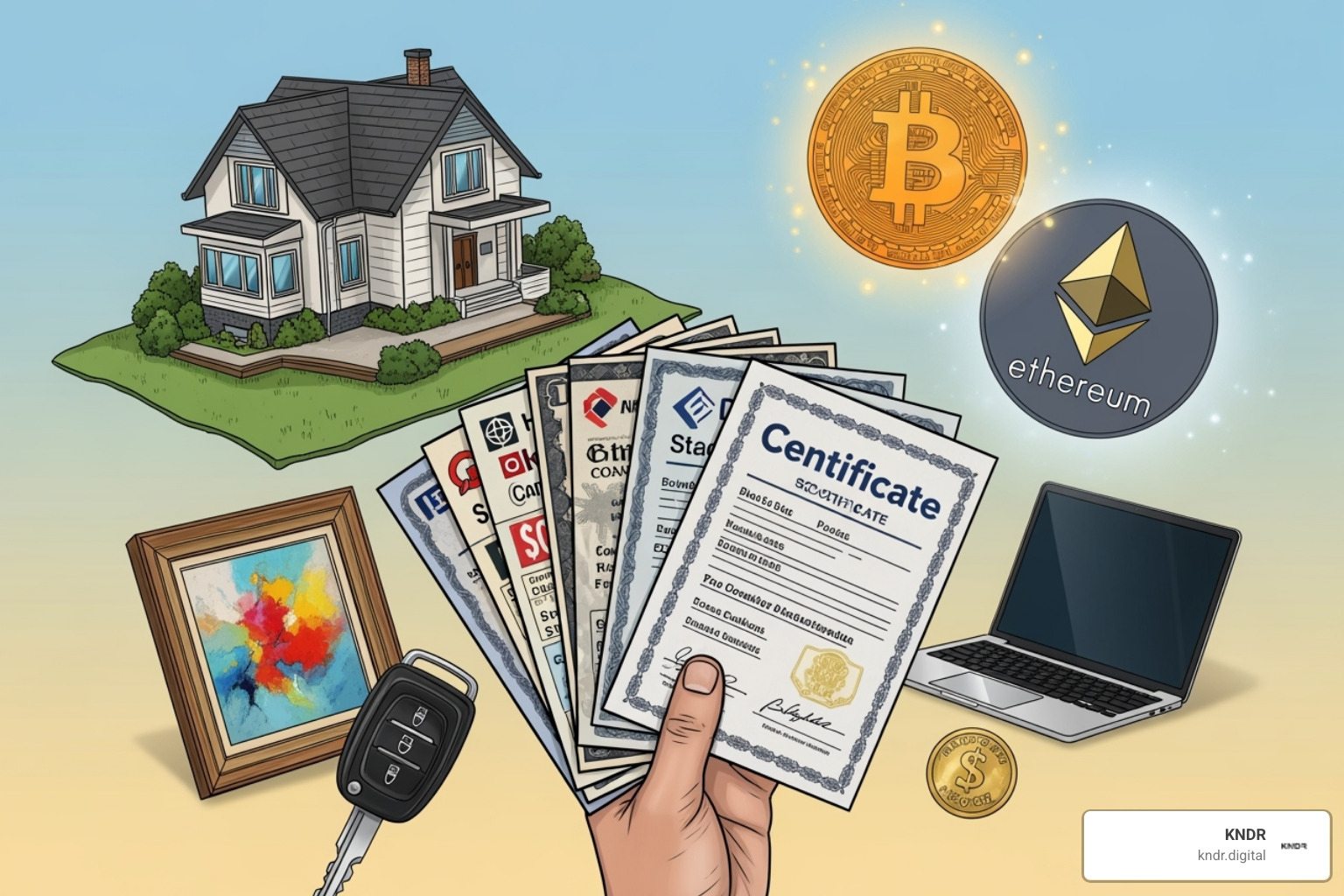 An illustration of various non-cash assets for donation including stock certificates, cryptocurrency symbols, and a house representing real estate - increase online donations An illustration of various non-cash assets for donation including stock certificates, cryptocurrency symbols, and a house representing real estate - increase online donations