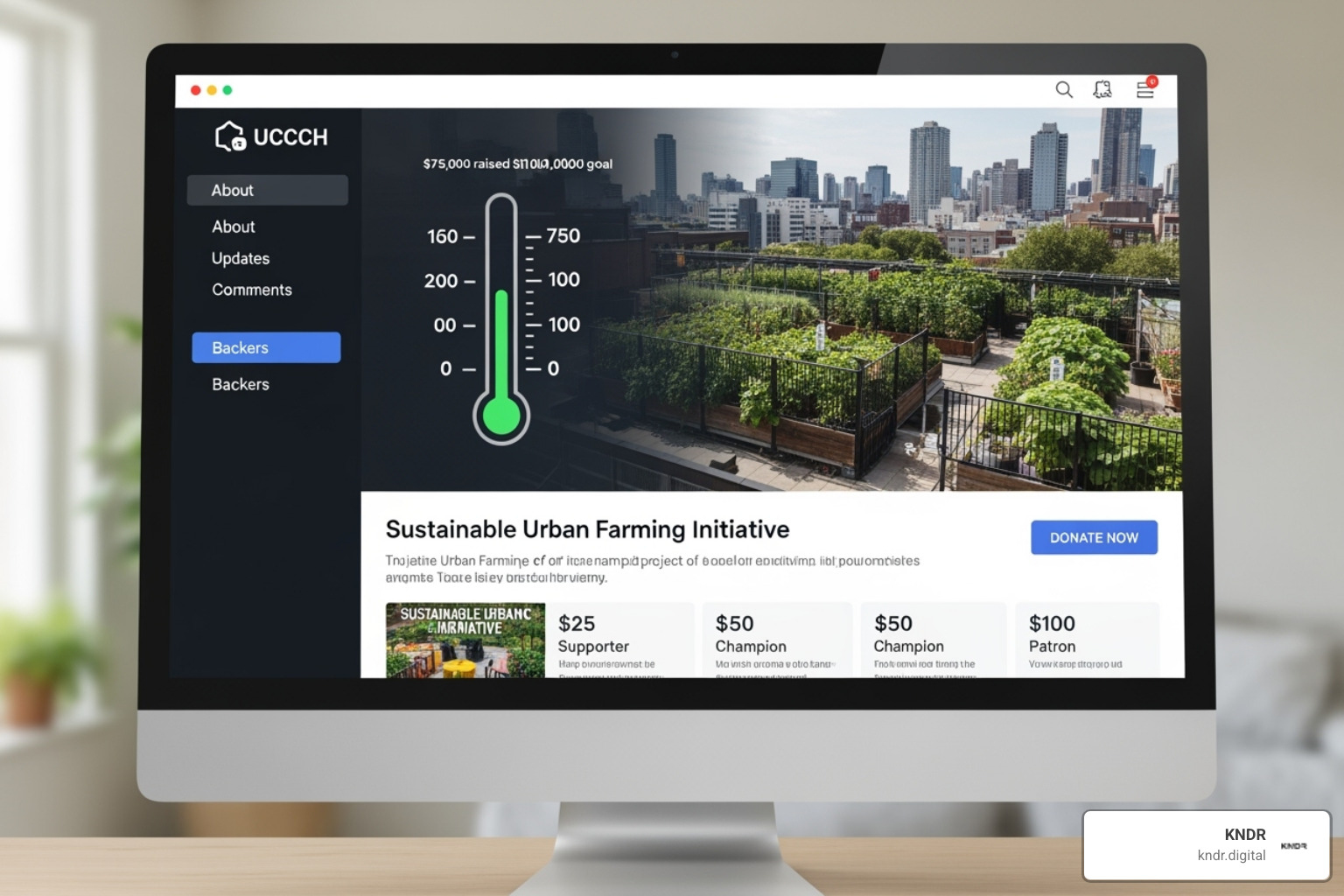 A crowdfunding campaign page with a progress thermometer showing funds raised - Digital fundraising best practices A crowdfunding campaign page with a progress thermometer showing funds raised - Digital fundraising best practices