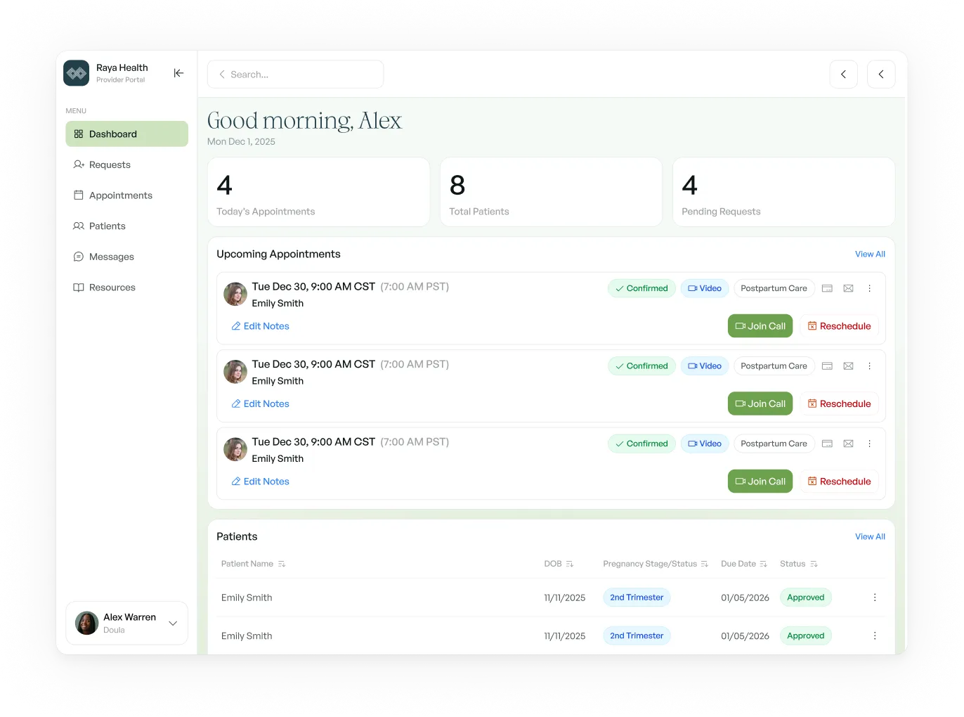 Raya Health Provider Portal dashboard showing 4 today's appointments, 8 total patients, and 4 pending requests, with upcoming appointments for Emily Smith at 9 AM CST and patient details including pregnancy stage and status.