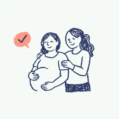 Illustration of a pregnant woman being supported by another woman with a checkmark symbol nearby.