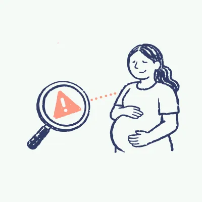 Illustration of a pregnant woman with a magnifying glass showing a red warning symbol.