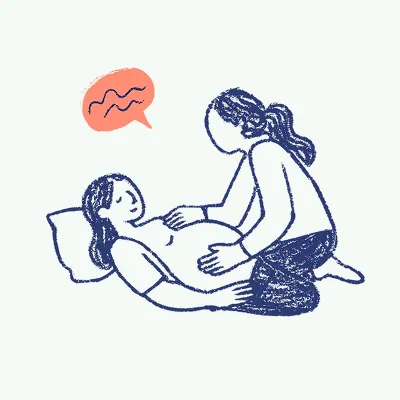 Illustration of a pregnant woman lying down with another person gently touching her belly.