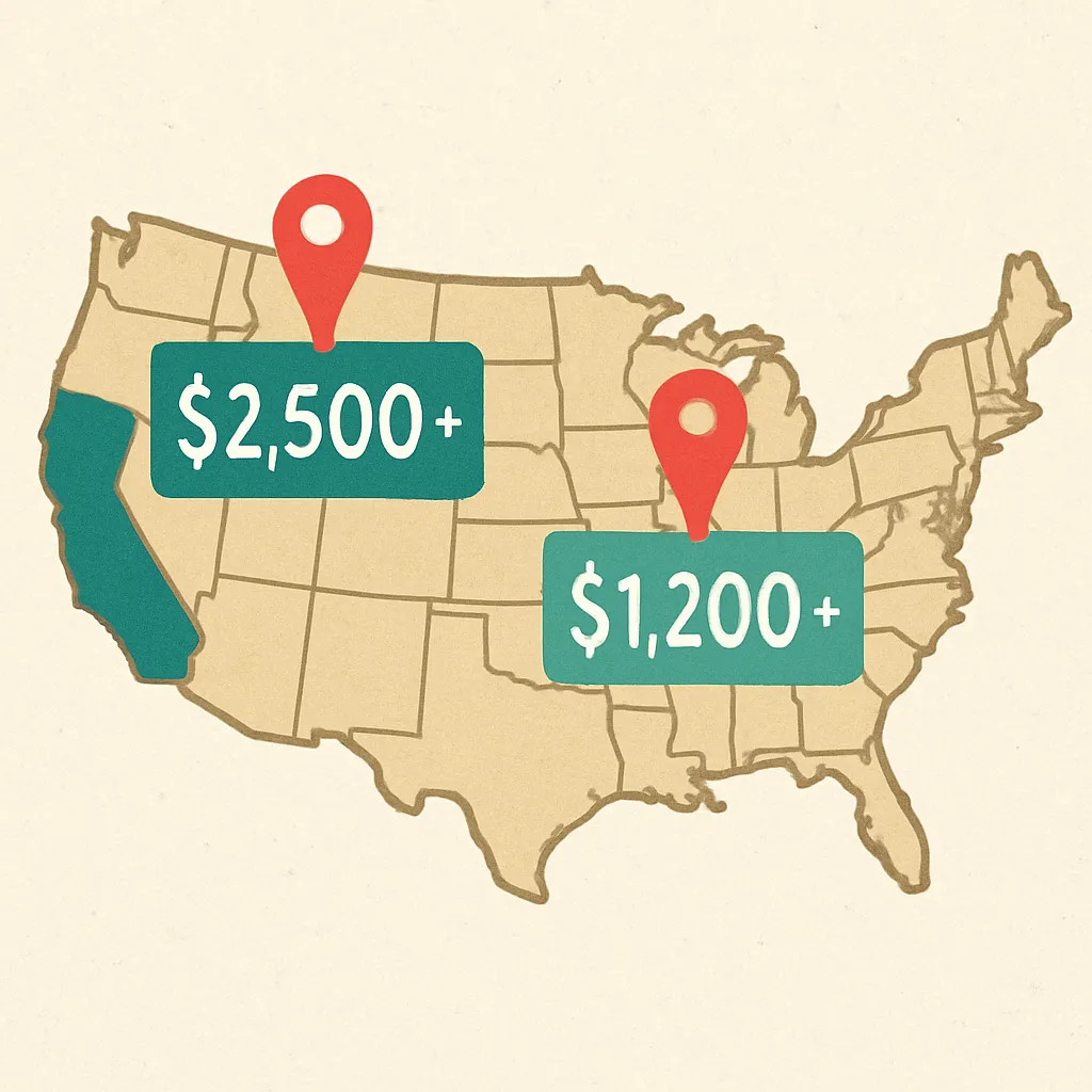 Simple, stylized map of the US with two price tags pinned on it: one on California labeled "$2,500+" and one in the Midwest labeled "$1,200+"