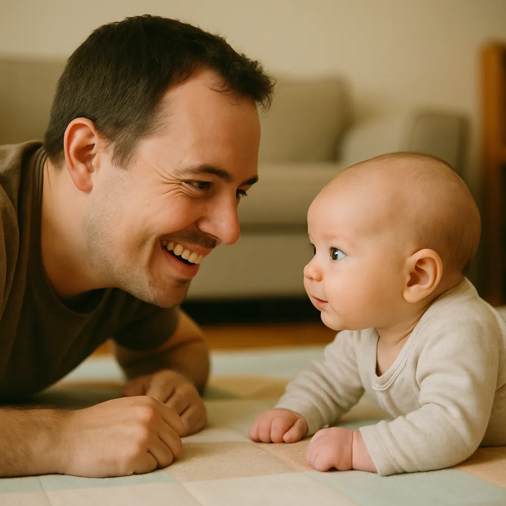 A warm, eye-level photo of a smiling parent lying on their stomach on a playmat, face-to-face with their 10-week-old baby who is also on their tummy