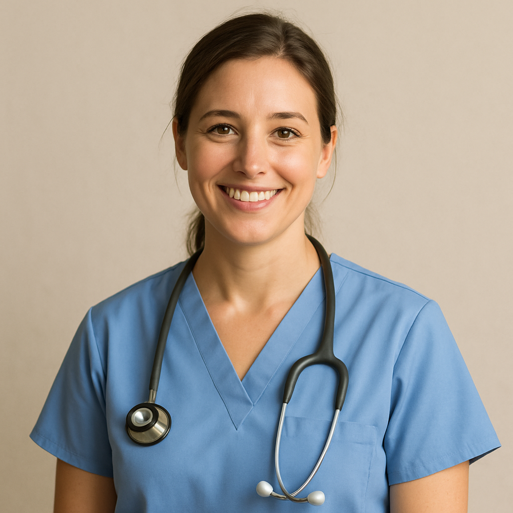 A simple, professional photo of a smiling and friendly-looking woman in nurse's scrubs with a stethoscope, looking warmly at the camera
