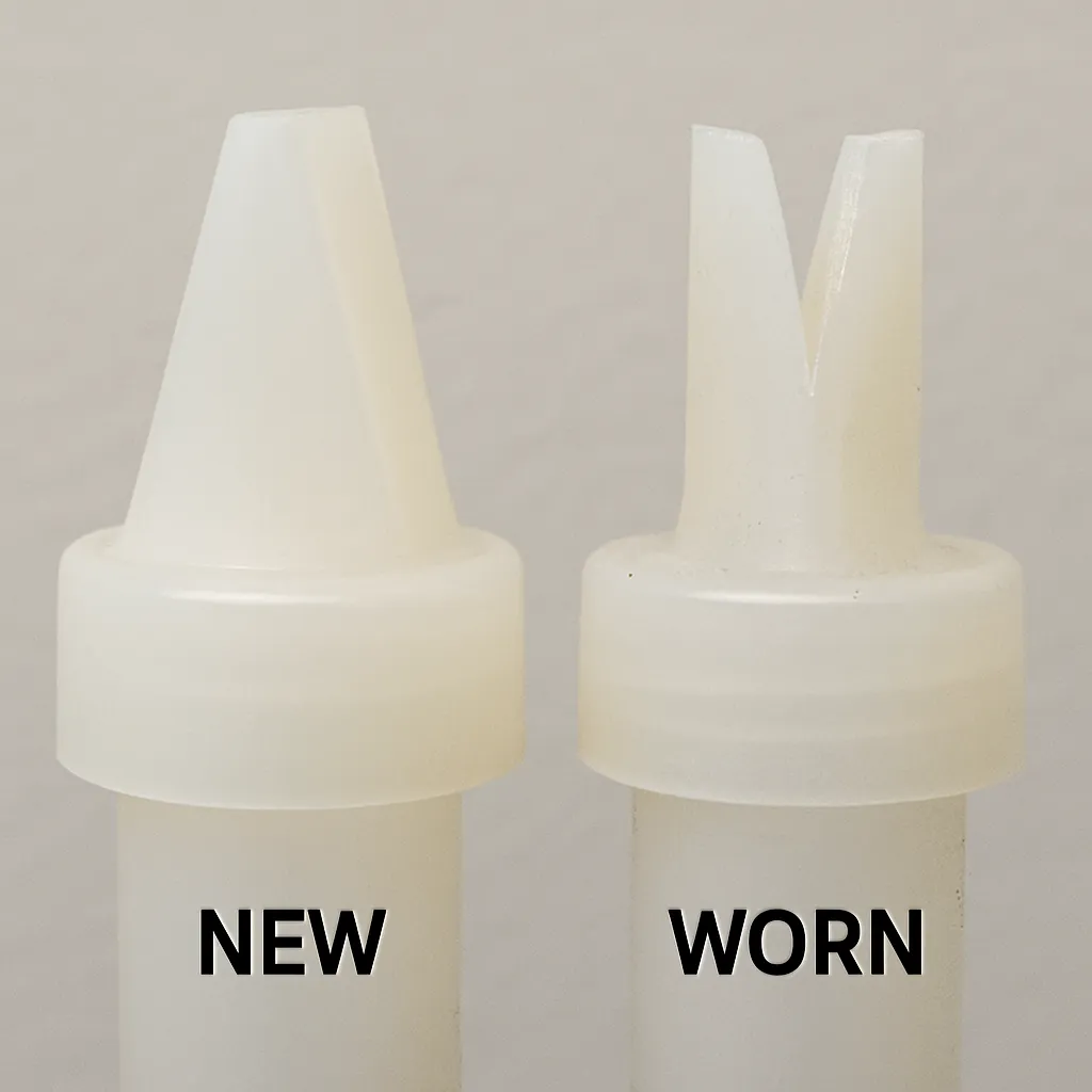 A close-up side-by-side comparison of a brand new duckbill valve with a tight seal and a worn valve with a visible gap at the tip.