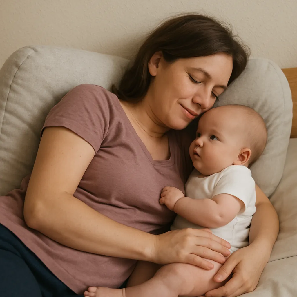 A parent and baby lying on their sides, belly-to-belly, with a support pillow behind the parent's back.
