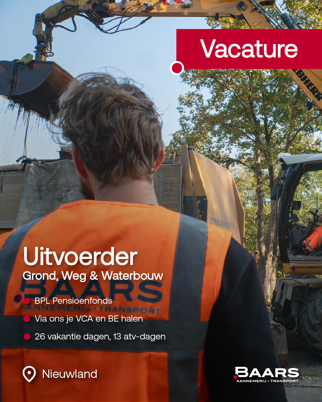 Uitvoerder grond weg en waterbouw op project met kraan en vrachtwagen van Baars in Nieuwland